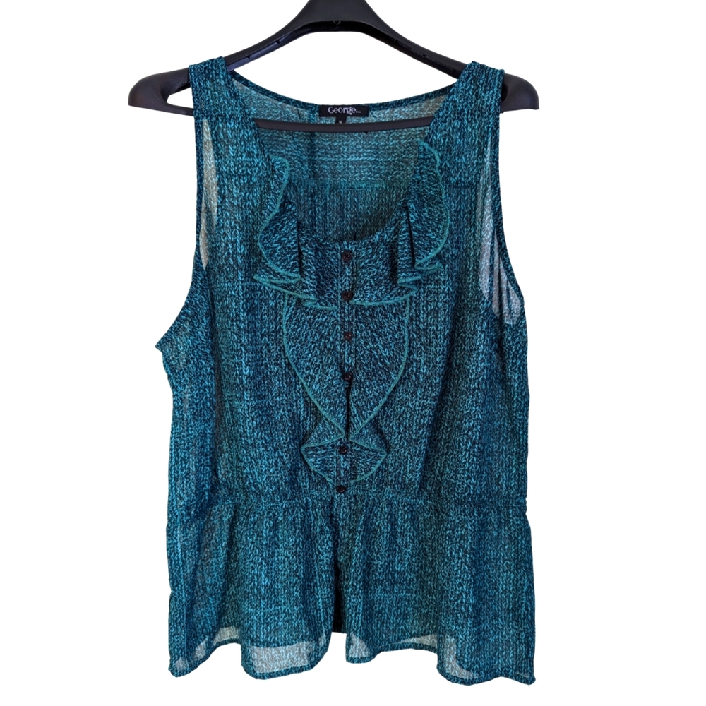 🔖 George XL sleeveless flowy semi-sheer blue and green shirt with peplum EUC